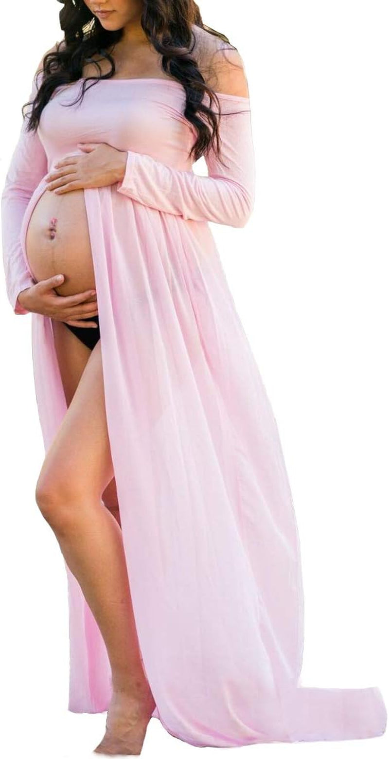 Mommy Jennie Maternity Dress off Shoulder Long Sleeve Split Front Chiffon Gown for Photoshoot