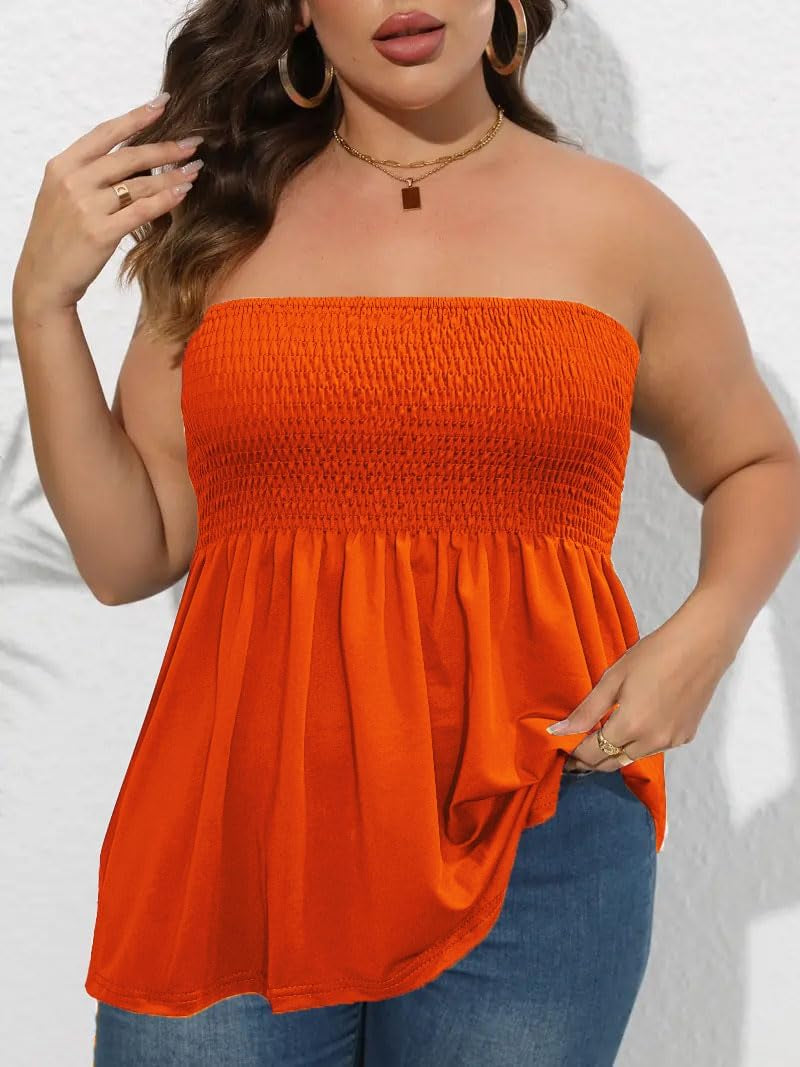 Comeon Women'S plus Size Tube Tops Strapless Blouse Pleated Sleeveless Stretchy Sleeveless Flare Hem Tube