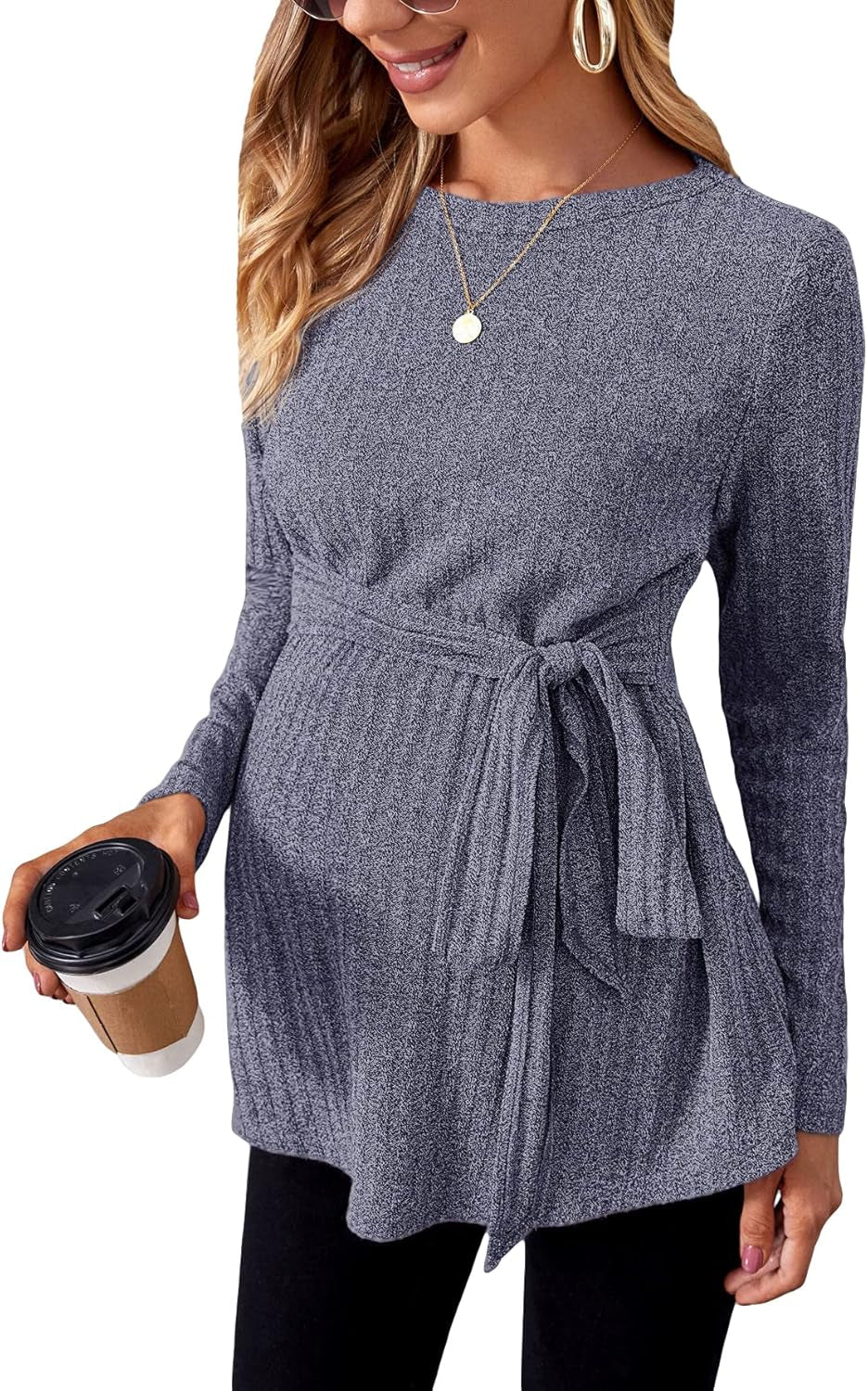 Makemechic Women'S Maternity Shirts Casual Long Sleeve Tie Front Ribbed Knit Pregnancy Tee Top