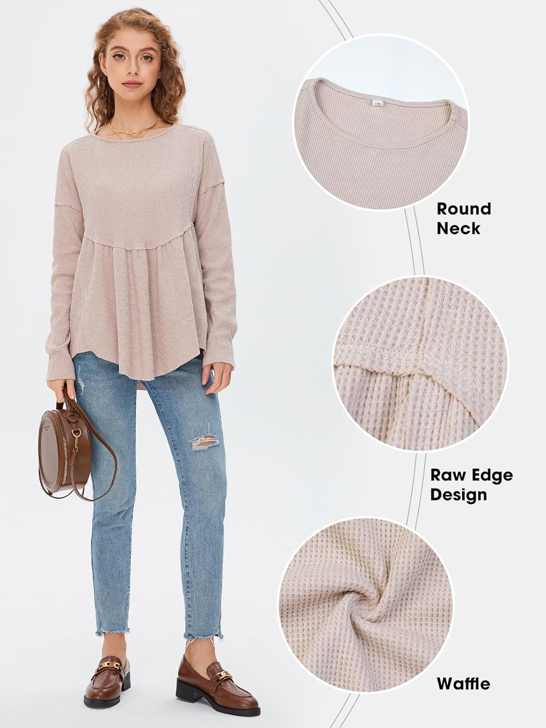 EXLURA Waffle Knit Long Sleeve Shirts for Womens Crewneck Loose Babydoll Tunic Tops Maternity Tops Fall Fashion 2025 Clothes