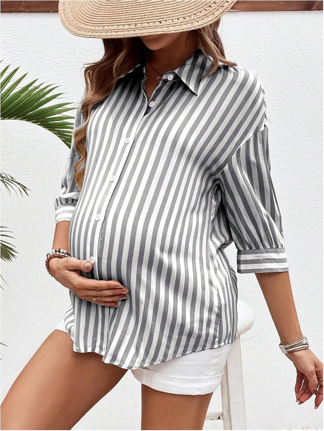 Makemechic Women'S Maternity Shirts Blouses Striped Button down 3/4 Sleeve Pregnancy Nursing Top