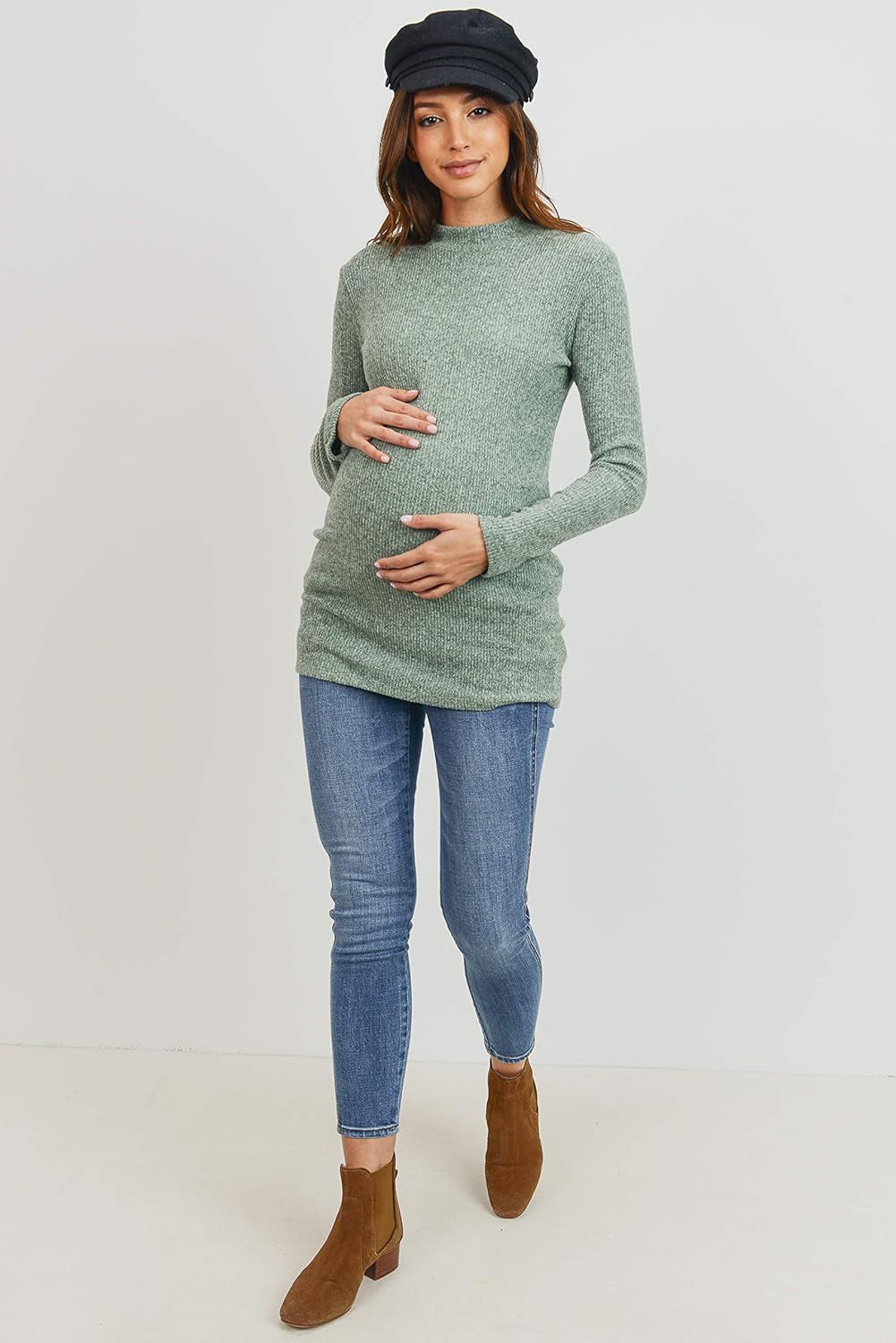 Women'S Knit Ribbed Maternity Top with Mock Neck Long Sleeve