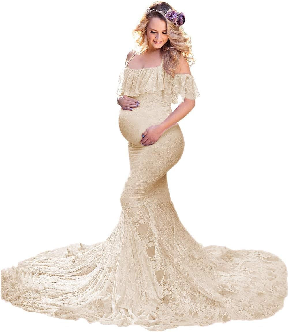 MYRISAM Women Maternity Lace Mermaid Gown off Shoulder Ruffle Slim Fitted Photo Shoot Wedding Party Prom Baby Shower Dress