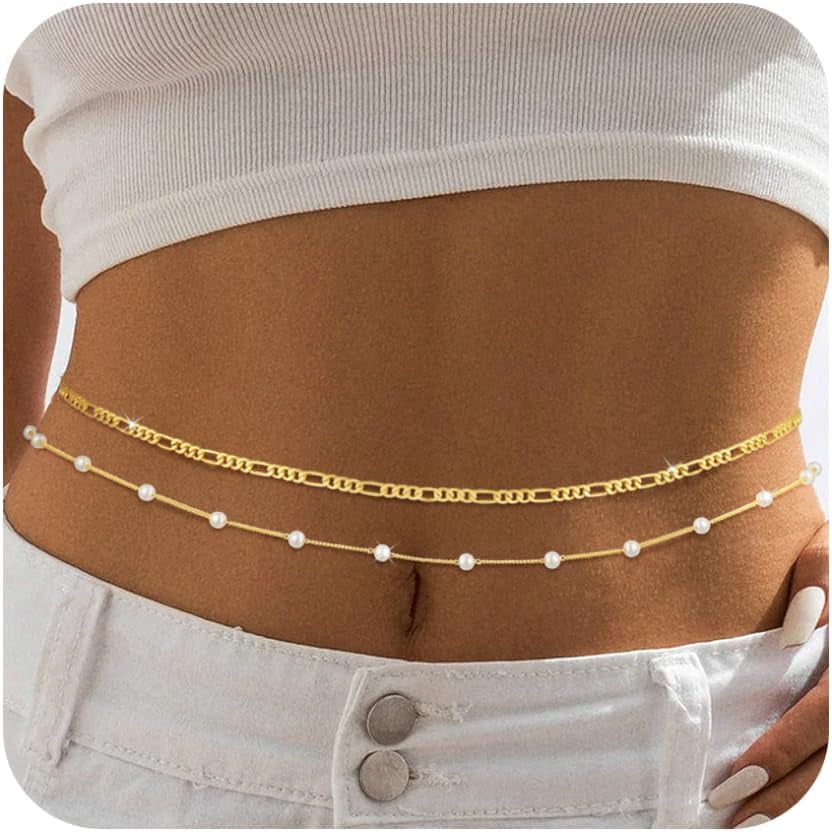 BERISO 14K Gold Plated Body Chain for Women - Sexy Waist Beads Chain, Adjustable Beach Body Jewelry, Elegant Bikini Belly Chain, Boho Festival Layered Body Jewelry (26.5-33 Inch)