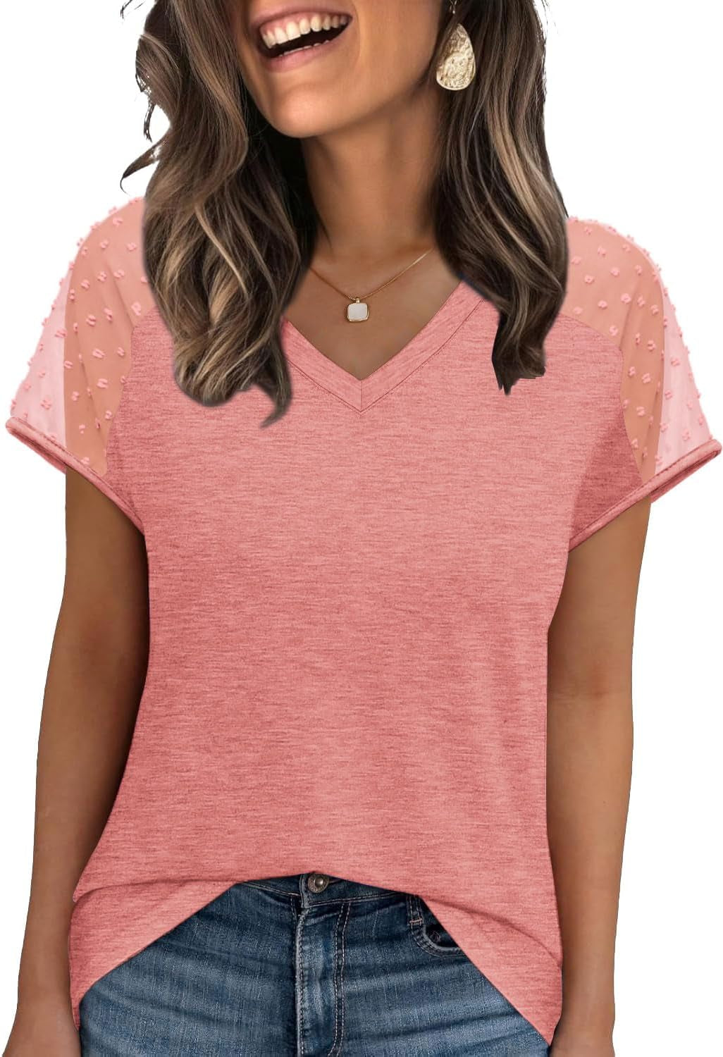 WIHOLL Summer Tops for Women V Neck T-Shirts Swiss Dot Short Sleeve Shirts Casual Fashion Blouses