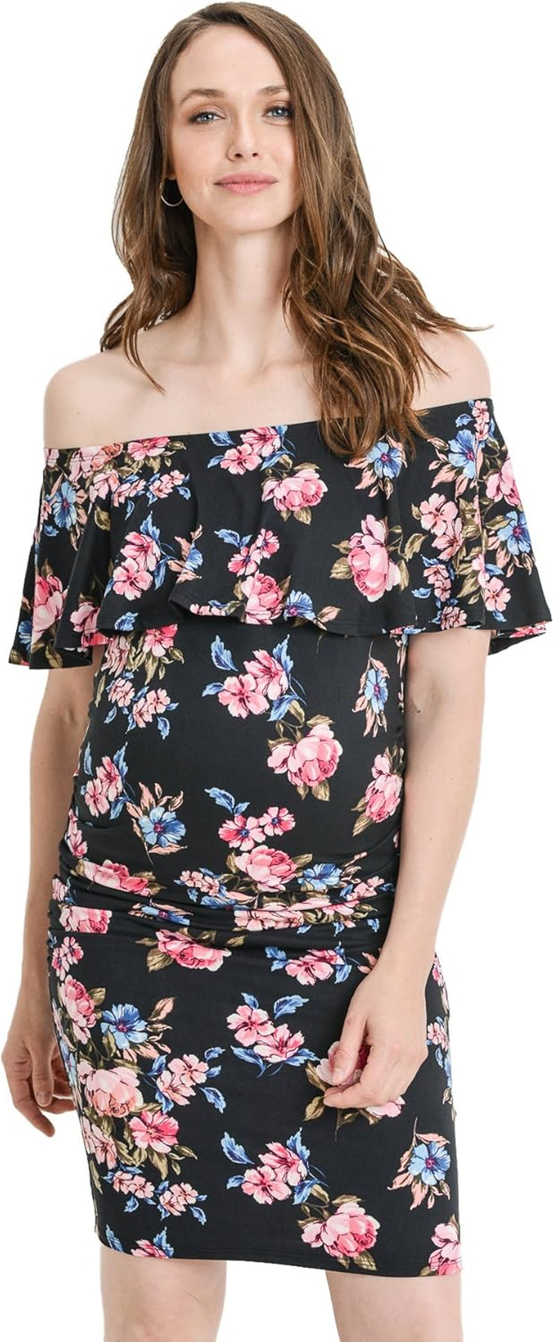 Hello MIZ Women'S Floral Ruffle off Shoulder Maternity Dress - Made in USA