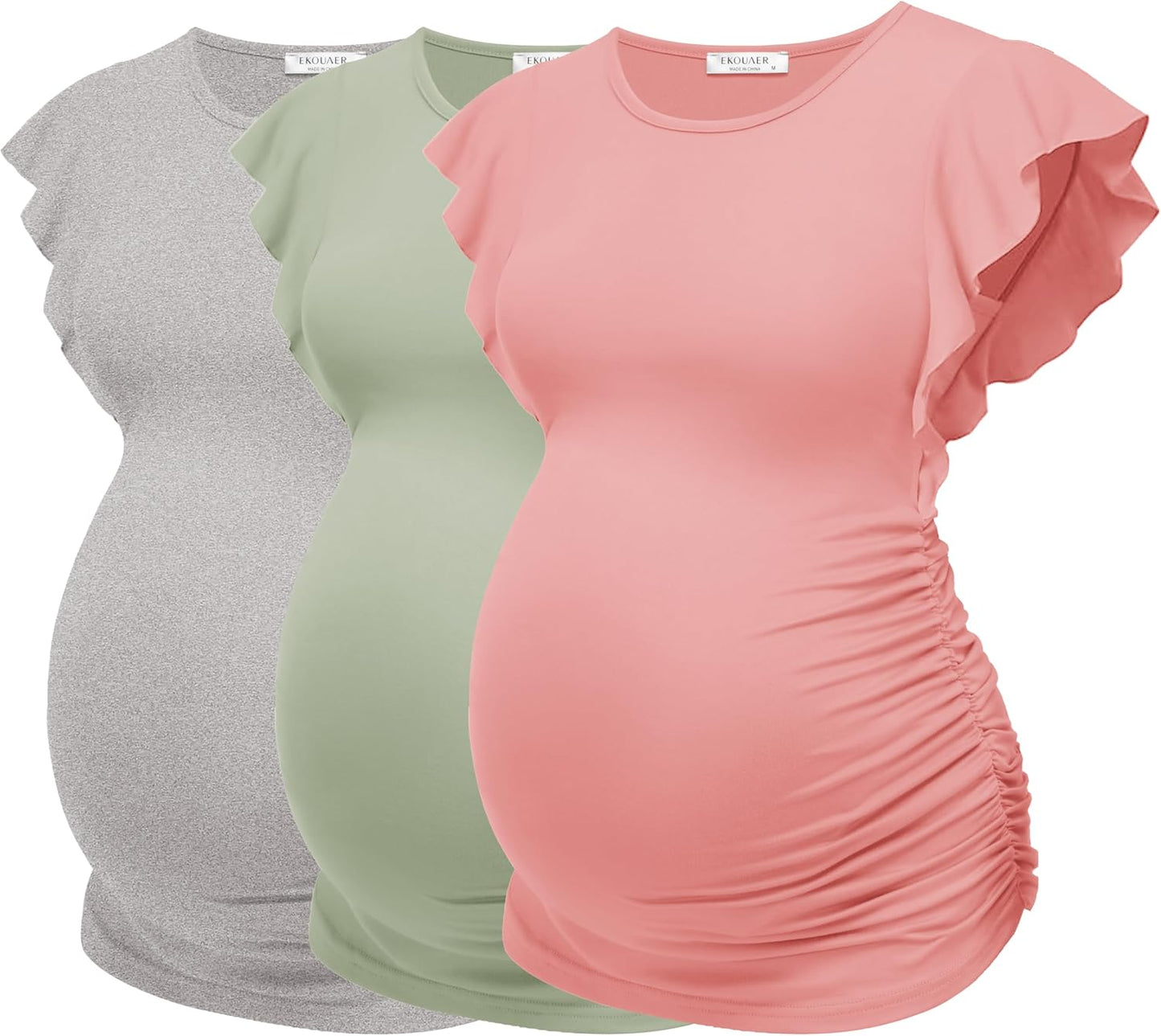 Ekouaer Women'S Maternity Shirts 3 Packs Flying Short Sleeve Pregnancy Tops Side Ruched Tunic Blouse Mama Clothes S-XXL