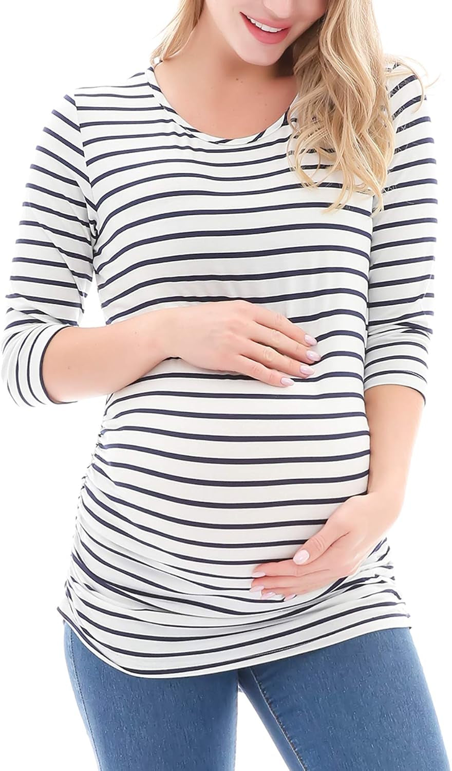 Smallshow Women'S Maternity Tunic Tops Clothes 3/4 Sleeve Ruched Pregnancy Shirt