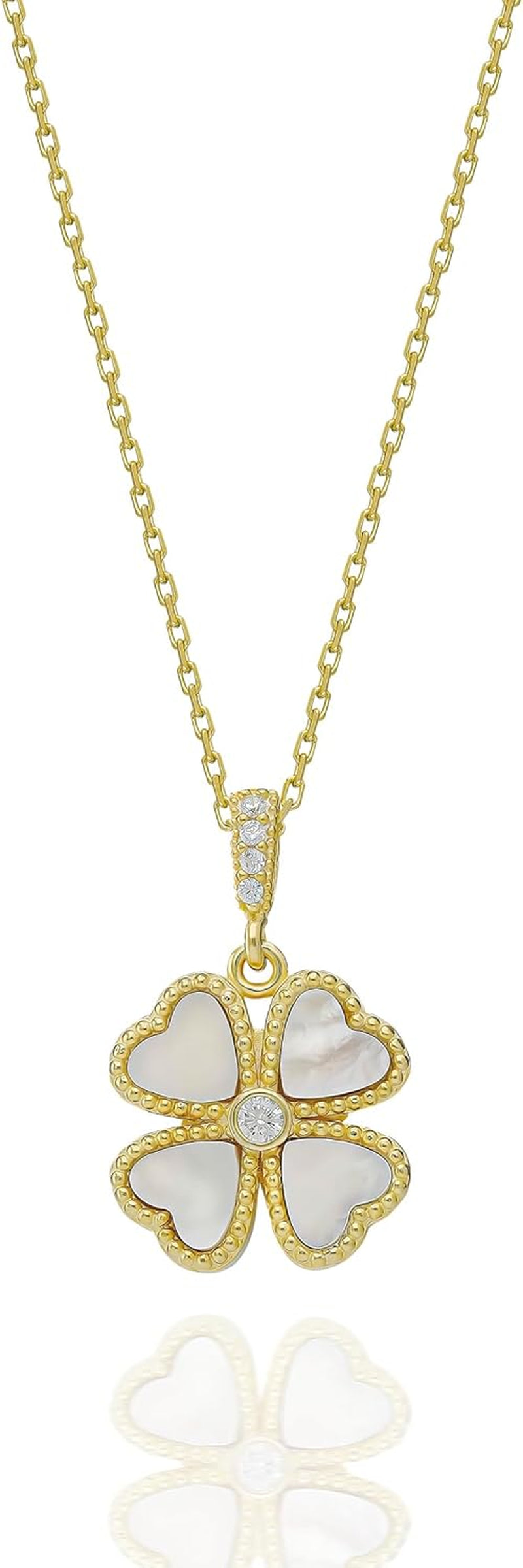 Four Leaf Clover Necklace, Gold-Plated Chain, Malachite Green Hearts, Crystal Center