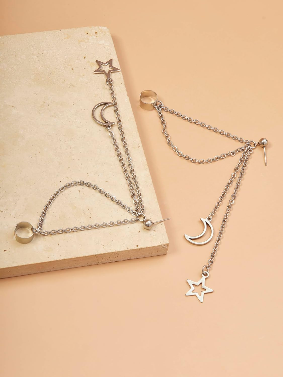 Sacina Goth Punk Silver-Tone-Tone Moon and Star Earrings, Ear Cuff Gothic Punk Earrings, Emo Christmas Jewelry Gifts for Women