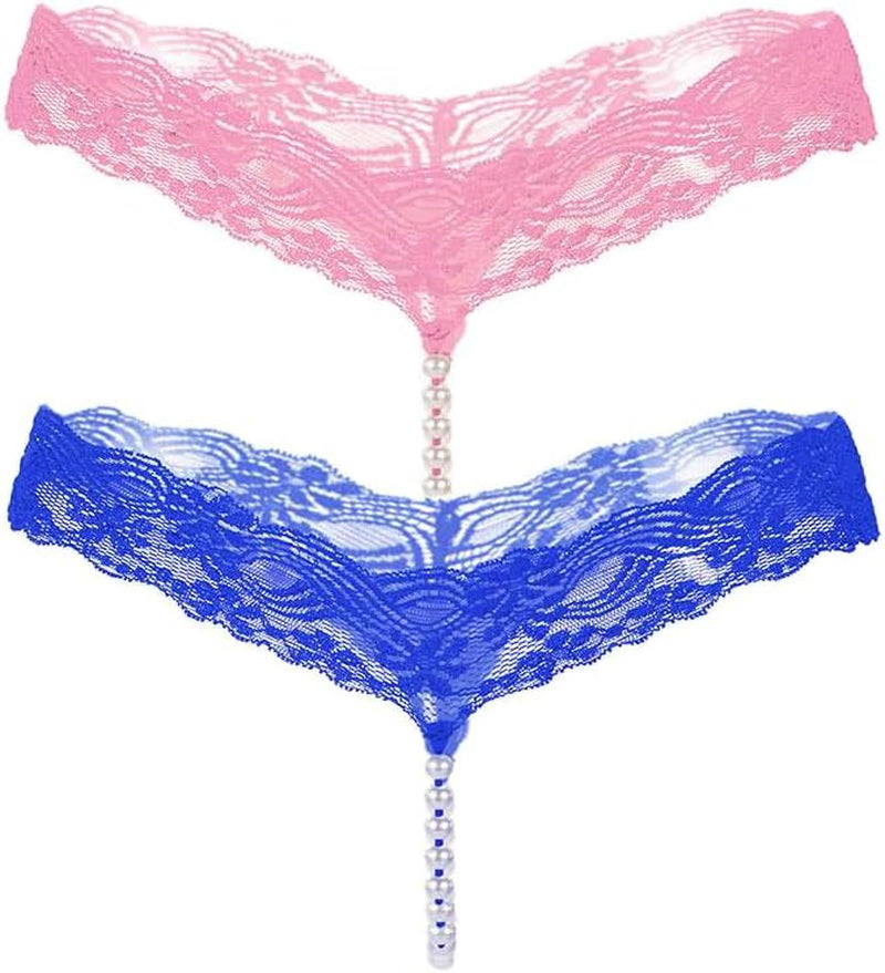 Lace thong panties with decorative pearl string design