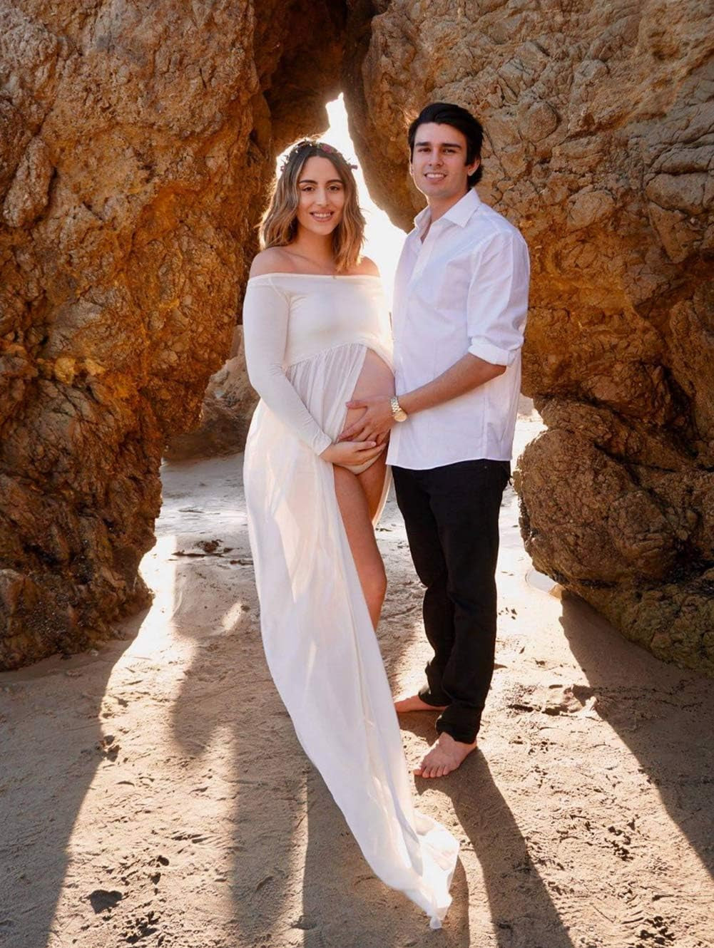 ZIUMUDY Maternity Maxi Chiffon Photography Dress Split Front Gown for Photoshoot