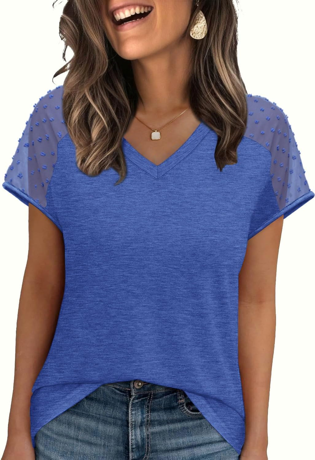 WIHOLL Summer Tops for Women V Neck T-Shirts Swiss Dot Short Sleeve Shirts Casual Fashion Blouses