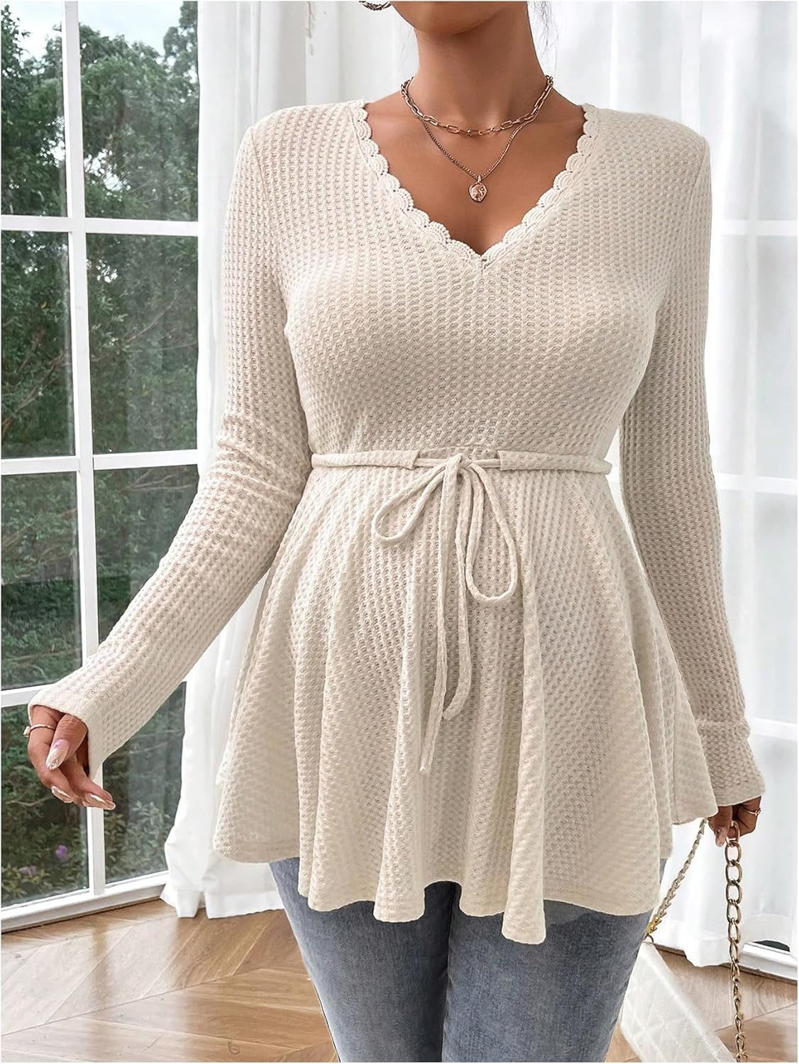 Women'S Waffle Knit Belted Maternity Tee Tops Ruffle Hem Long Sleeve V Neck Lace T Shirts