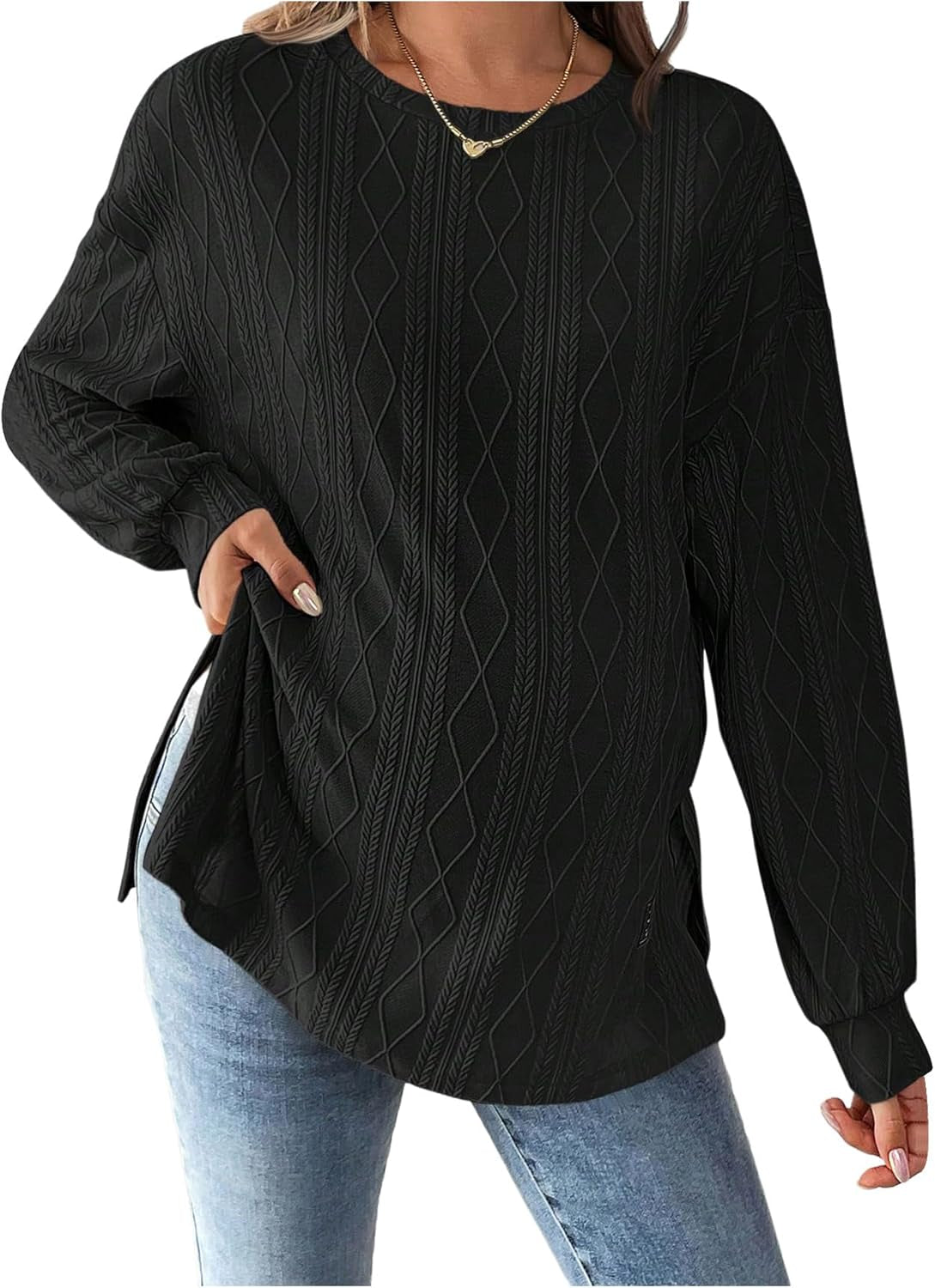 Makemechic Women'S Maternity Tee Shirts Textured Long Sleeve round Neck Slit Hem Pregnancy Tops