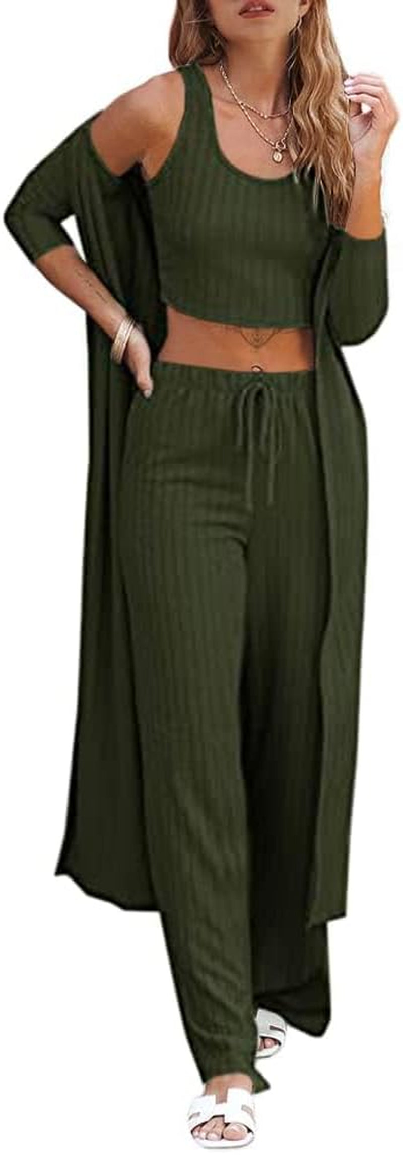 Fessceruna Womens 3 Piece Lounge Sets Pajamas Knit Long Sleeve Cardigan Crop Top Wide Leg Pants Loungewear Set