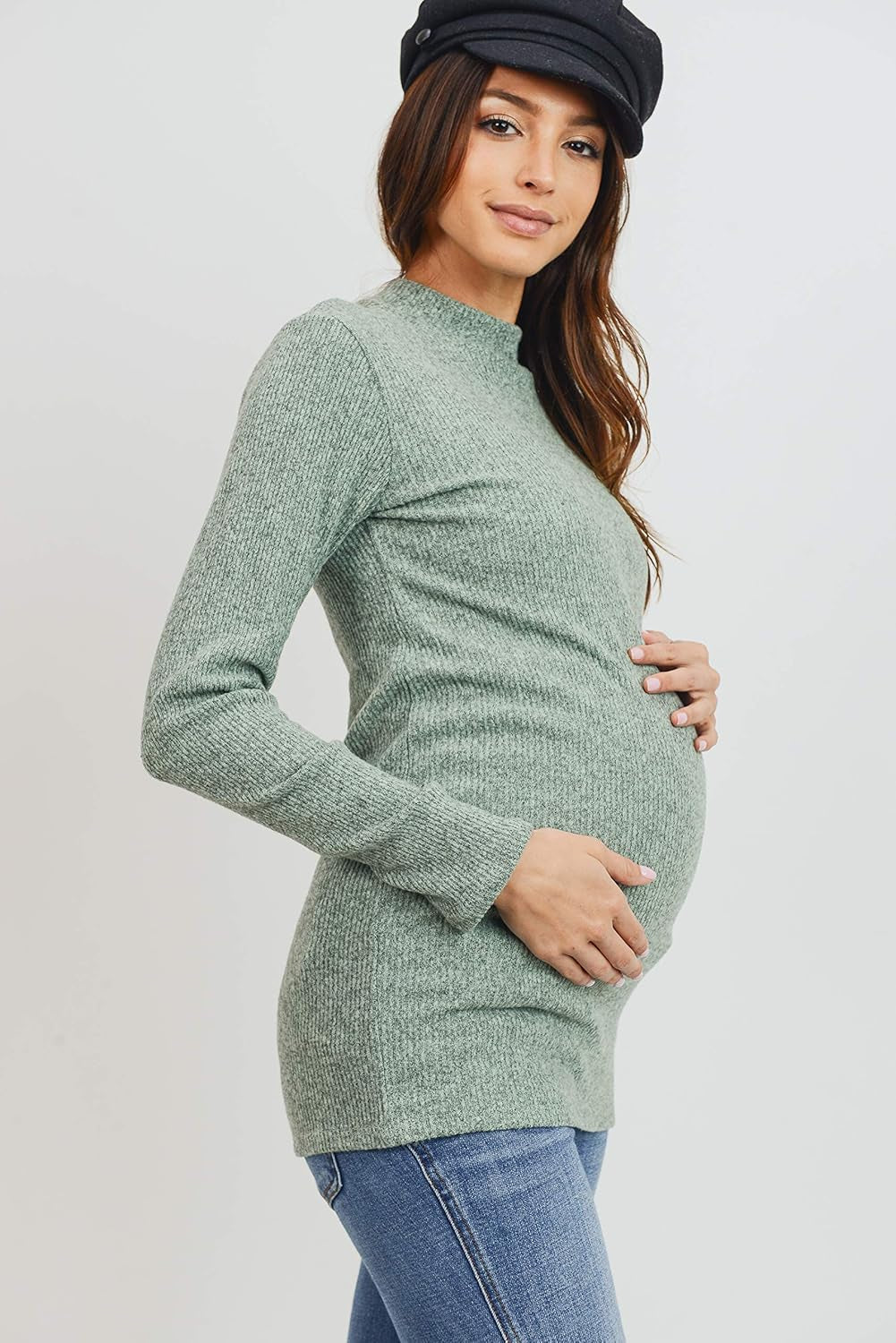Women'S Knit Ribbed Maternity Top with Mock Neck Long Sleeve