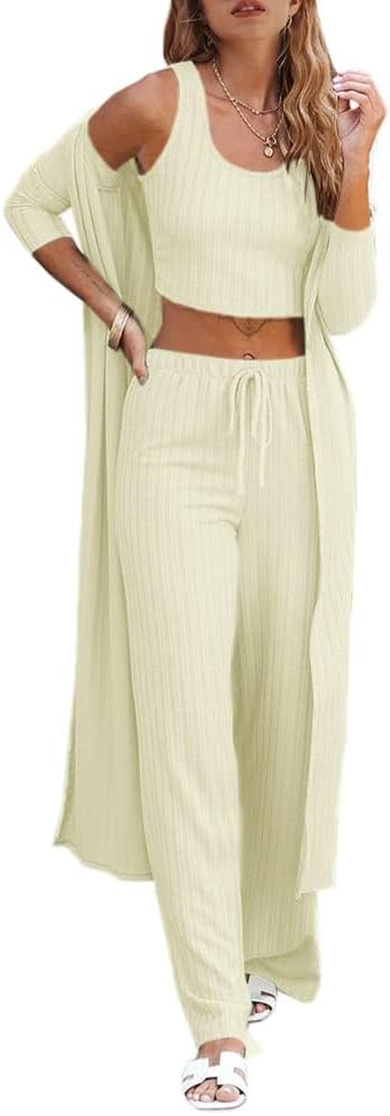 Fessceruna Womens 3 Piece Lounge Sets Pajamas Knit Long Sleeve Cardigan Crop Top Wide Leg Pants Loungewear Set