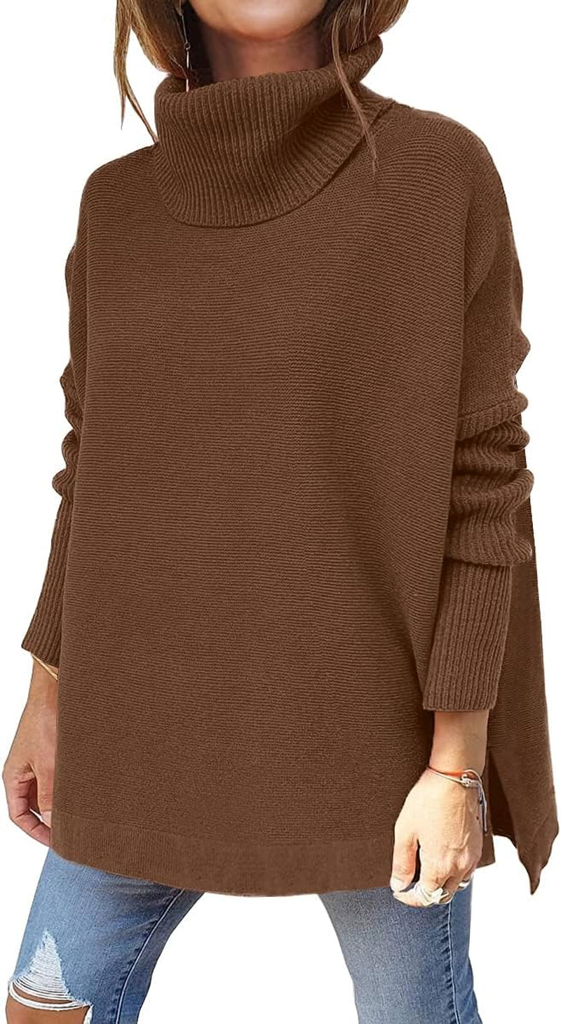 LILLUSORY Women'S Turtleneck Oversized Sweaters Long Batwing Sleeve Spilt Hem Tunic Pullover Knit Tops