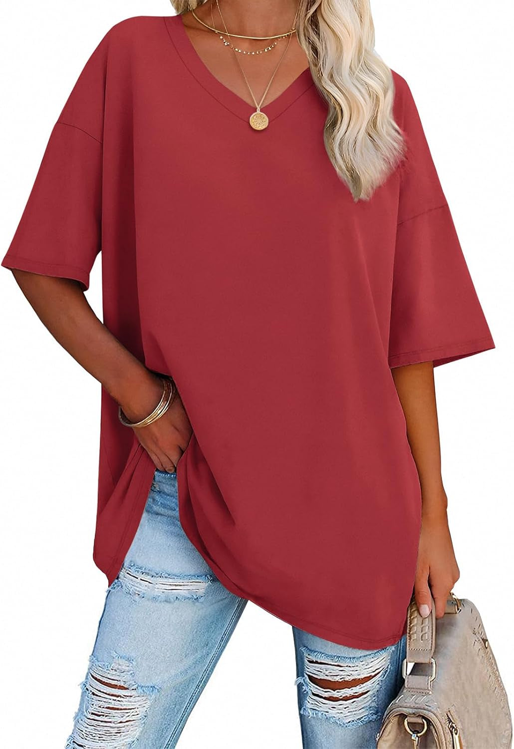 ATHMILE Womens Summer Oversized Shirts V Neck Business Casual Workout Tops Beach Vacation 2025 Gym Clothes
