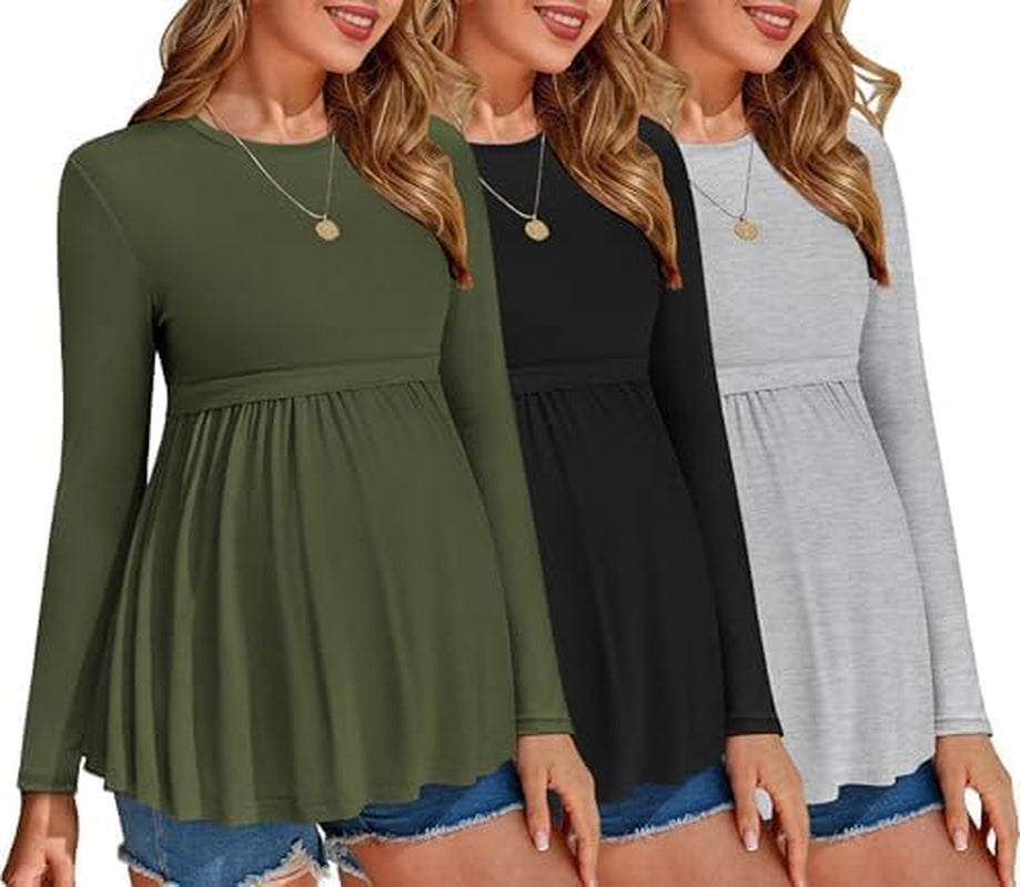 Ekouaer Maternity Shirts 3 Packs Pleated Long Sleeve Tops Tunic Casual Pregnancy Clothes