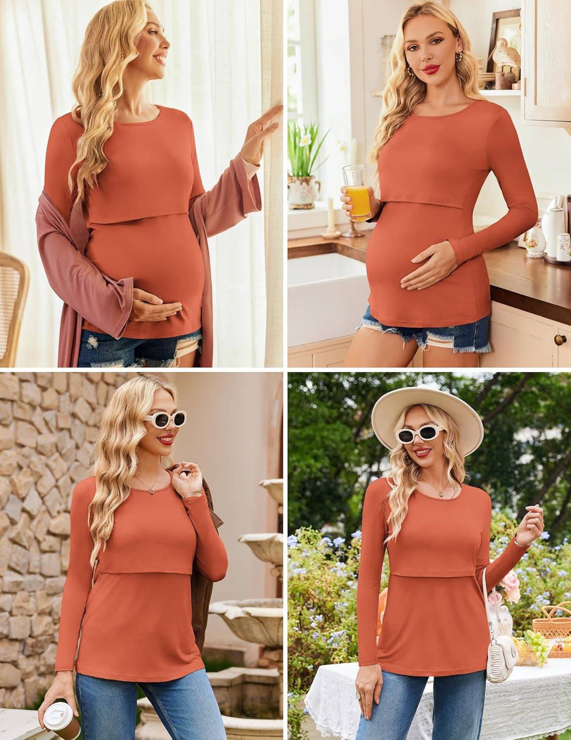 Ekouaer Women 3 Packs Nursing Shirts Long Sleeve Maternity Tops Double Layer Breastfeeding Tees round Neck Pregnancy Blouse