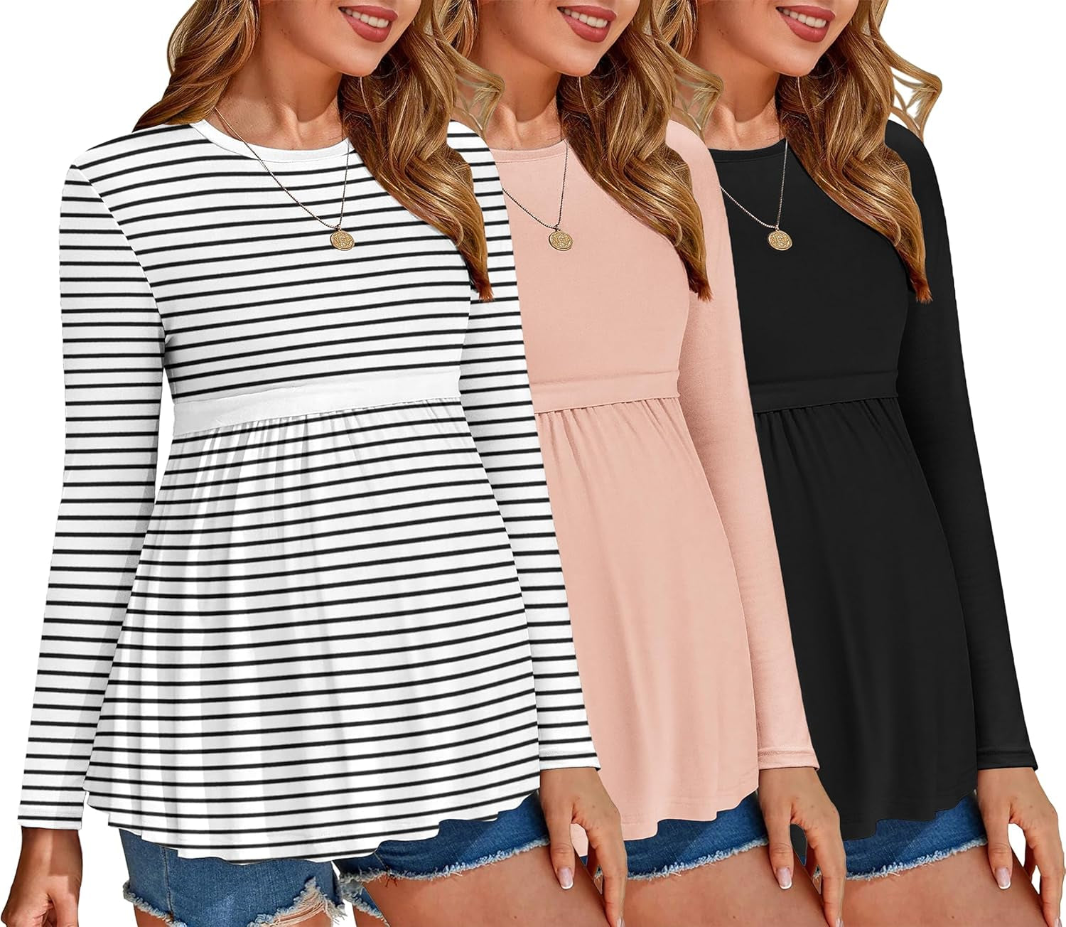 Ekouaer Maternity Shirts 3 Packs Pleated Long Sleeve Tops Tunic Casual Pregnancy Clothes