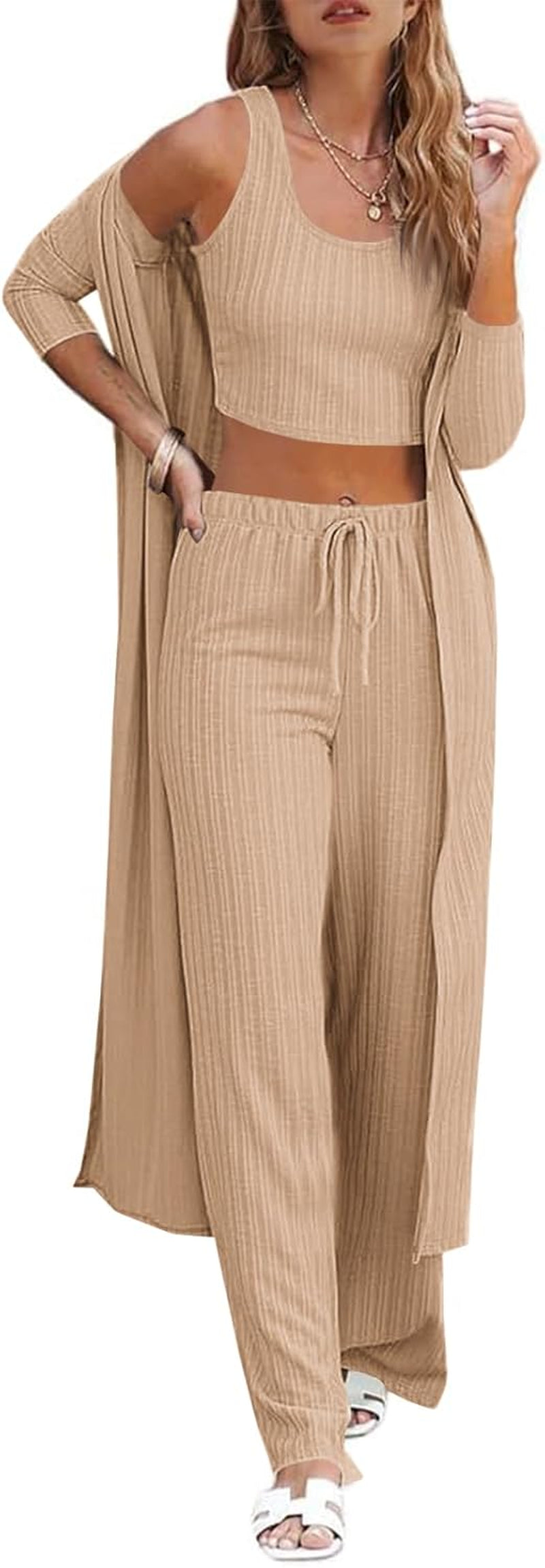 Fessceruna Womens 3 Piece Lounge Sets Pajamas Knit Long Sleeve Cardigan Crop Top Wide Leg Pants Loungewear Set