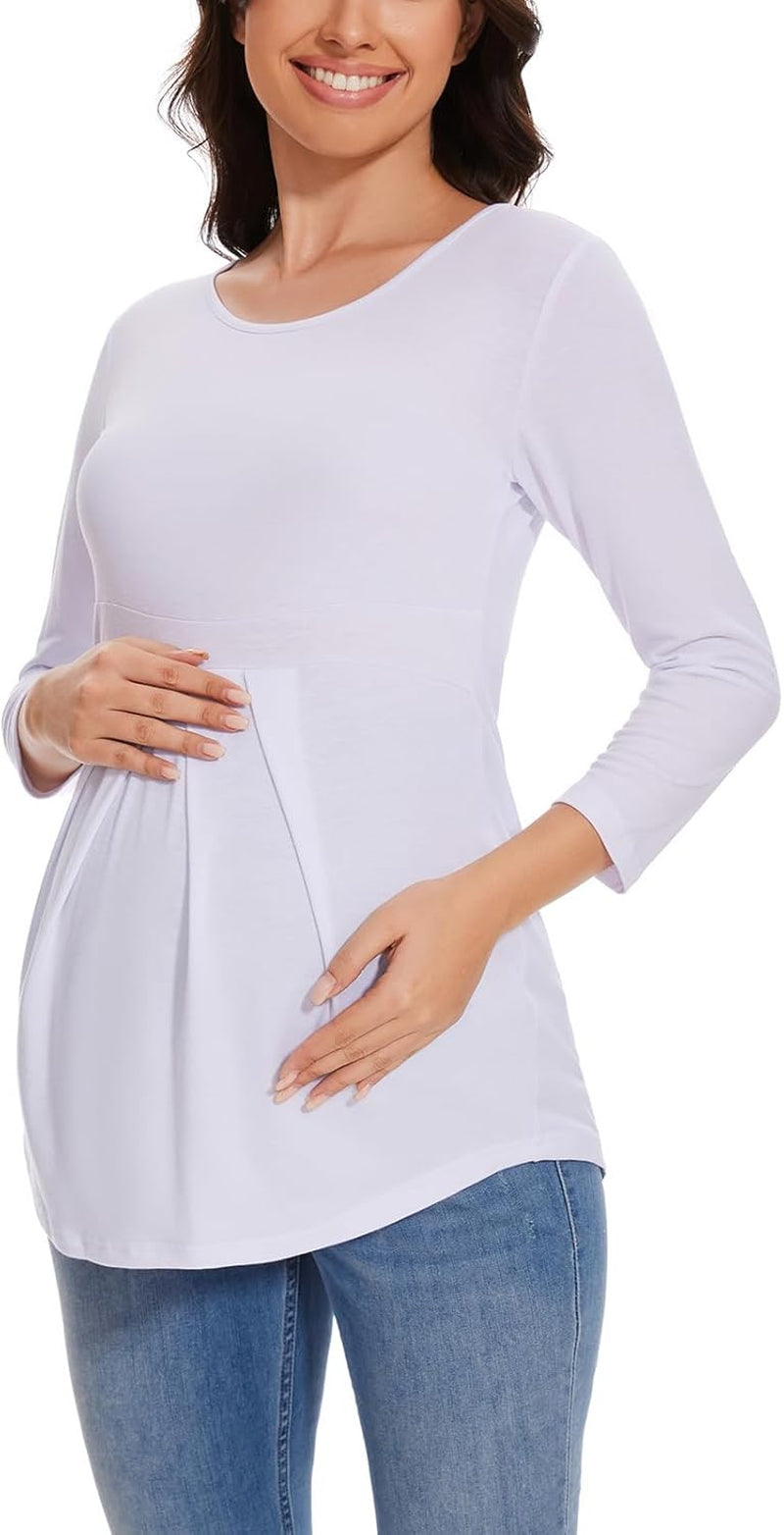 Glampunch Women'S Maternity Tops Short & 3/4 Sleeve round Neck Front Pleat Peplum Tunic Top Pregnancy Shirts