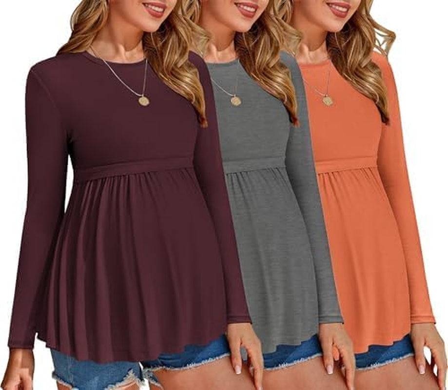 Ekouaer Maternity Shirts 3 Packs Pleated Long Sleeve Tops Tunic Casual Pregnancy Clothes