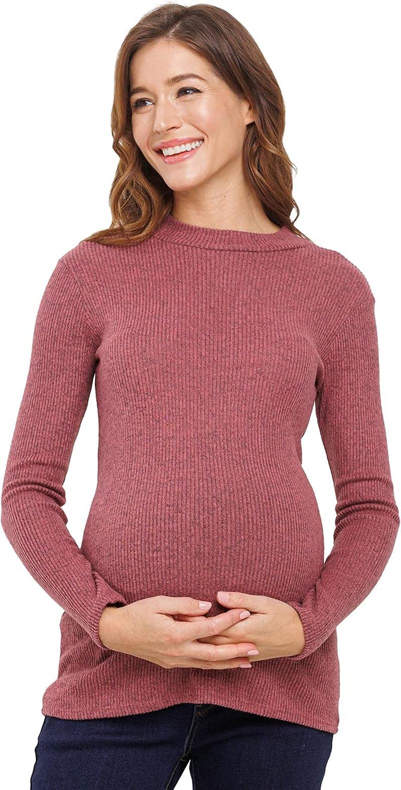 Women'S Knit Ribbed Maternity Top with Mock Neck Long Sleeve