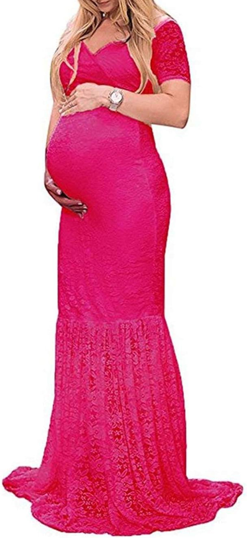 ZIUMUDY Womens off Shoulder Short Sleeve V Neck Lace Maternity Gown Maxi Photography Dress