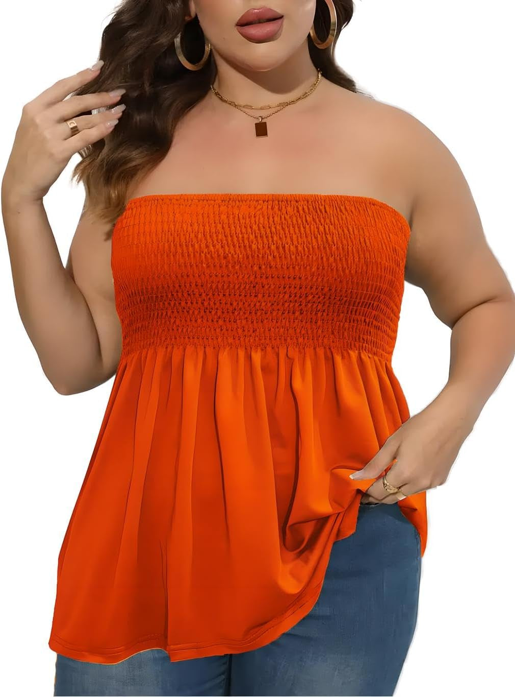 Comeon Women'S plus Size Tube Tops Strapless Blouse Pleated Sleeveless Stretchy Sleeveless Flare Hem Tube