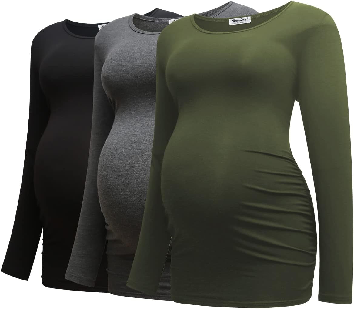 Bearsland Womens Maternity Long Sleeve Tshirt 3 Packs Classic Side Ruched Tee Top Mama Pregnancy Clothes