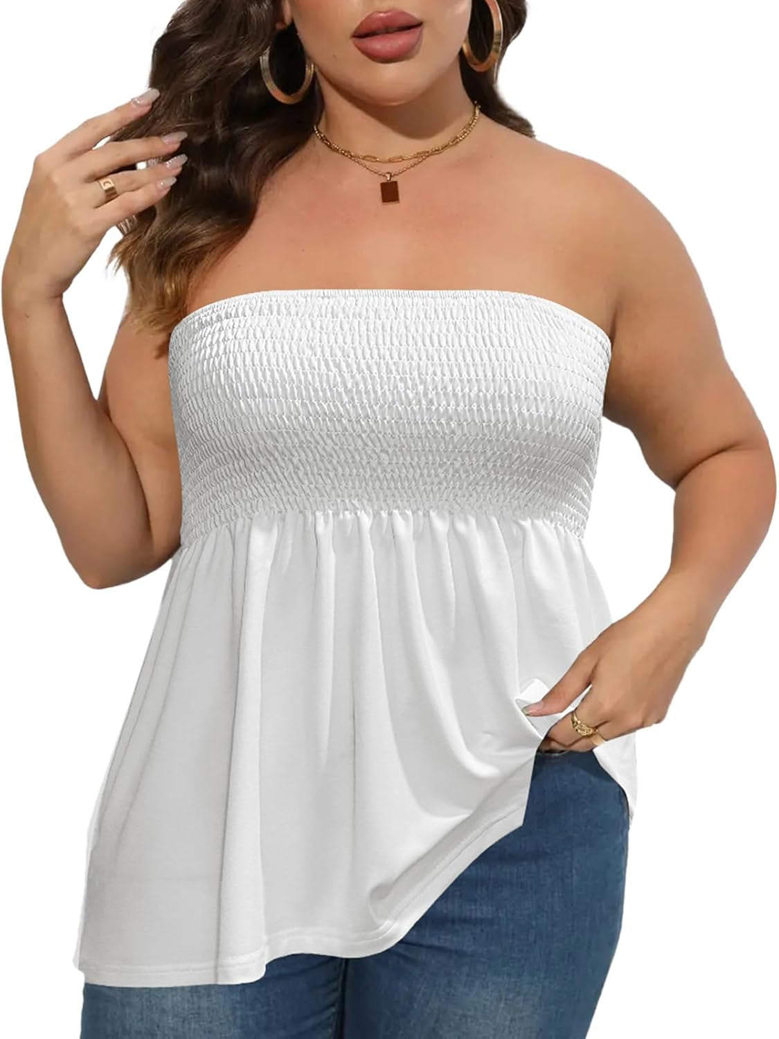 Comeon Women'S plus Size Tube Tops Strapless Blouse Pleated Sleeveless Stretchy Sleeveless Flare Hem Tube