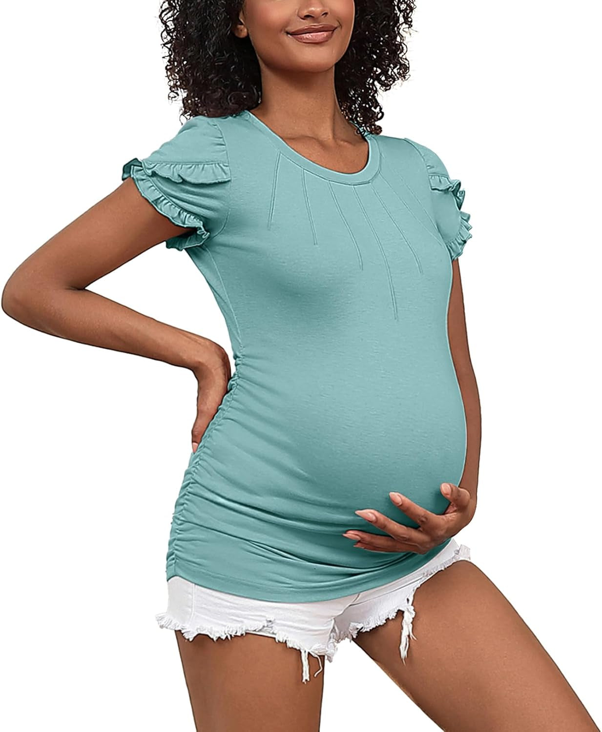 GINKANA Maternity Tops Short Petal Sleeve Tshirt Pleated round Neck Tee Ruched Sides Shirts Casual Tunic