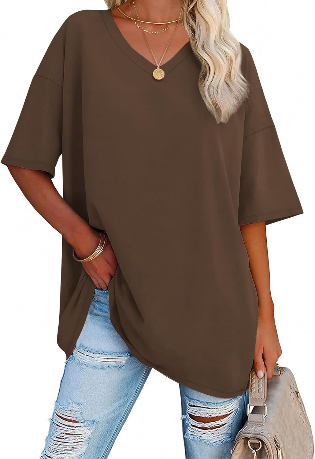ATHMILE Womens Summer Oversized Shirts V Neck Business Casual Workout Tops Beach Vacation 2025 Gym Clothes