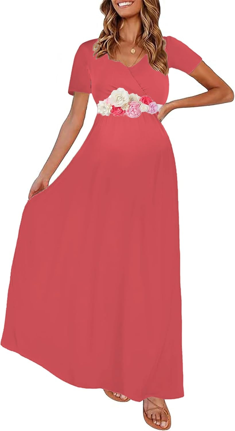 KIM S Maternity Maxi Dress with Flower Sash(S-3Xl)/Wrapped Ruched V Neck Photoshoot Baby Shower Dresses