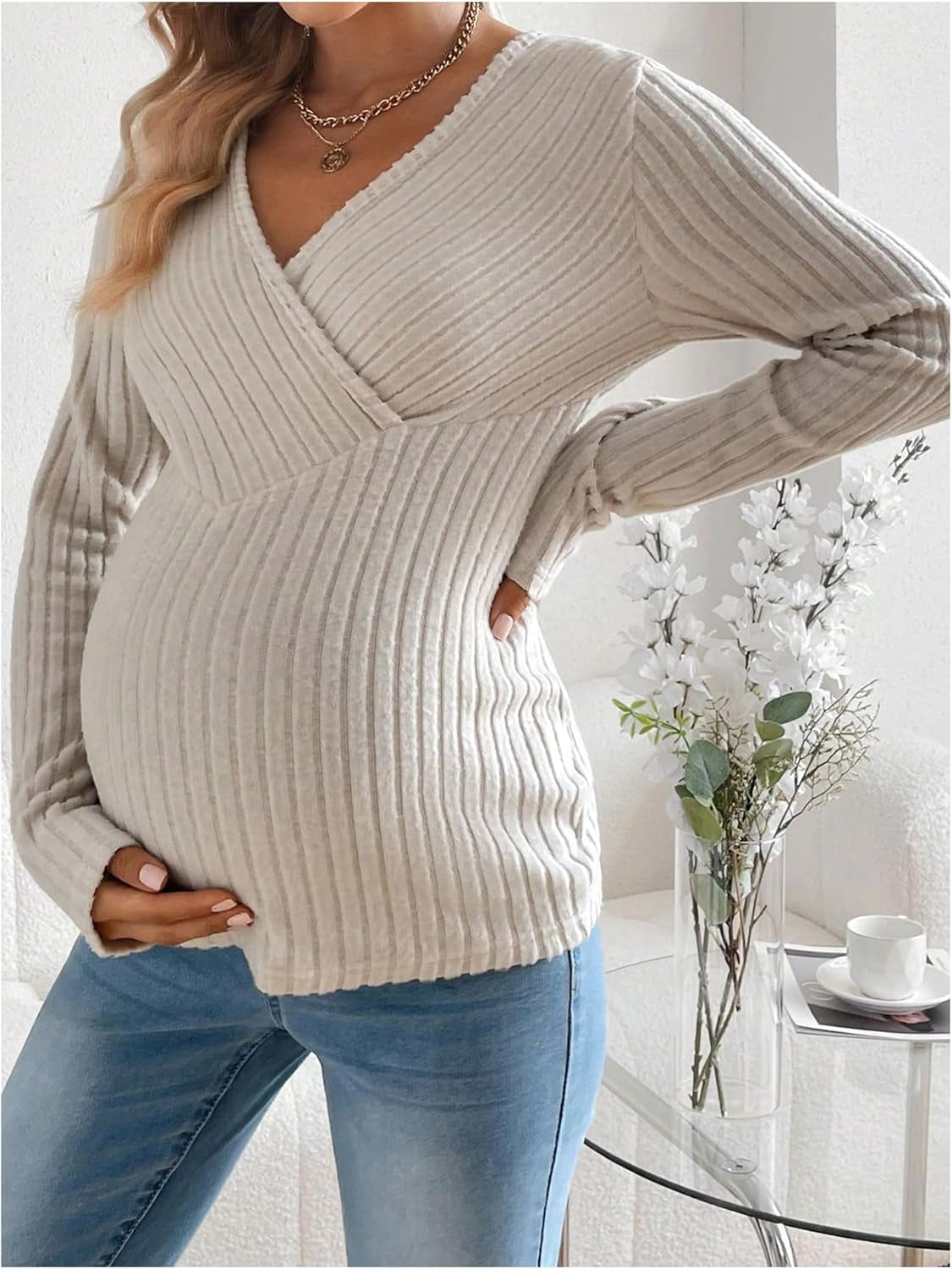 Sweatyrocks Women'S Maternity Tops V Neck Long Sleeve Ribbed T Shirts Pregnancy Clothes