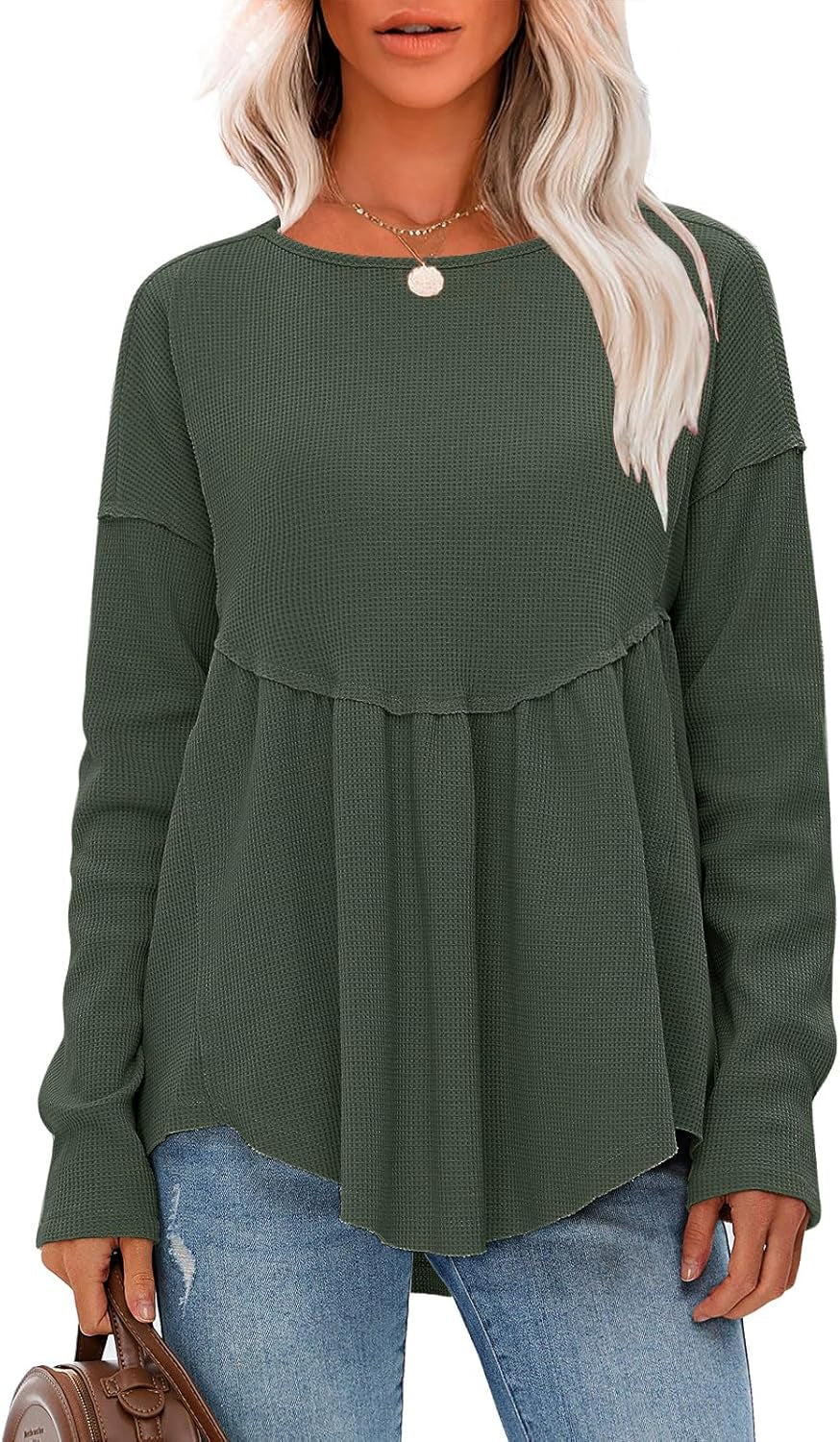 EXLURA Waffle Knit Long Sleeve Shirts for Womens Crewneck Loose Babydoll Tunic Tops Maternity Tops Fall Fashion 2025 Clothes