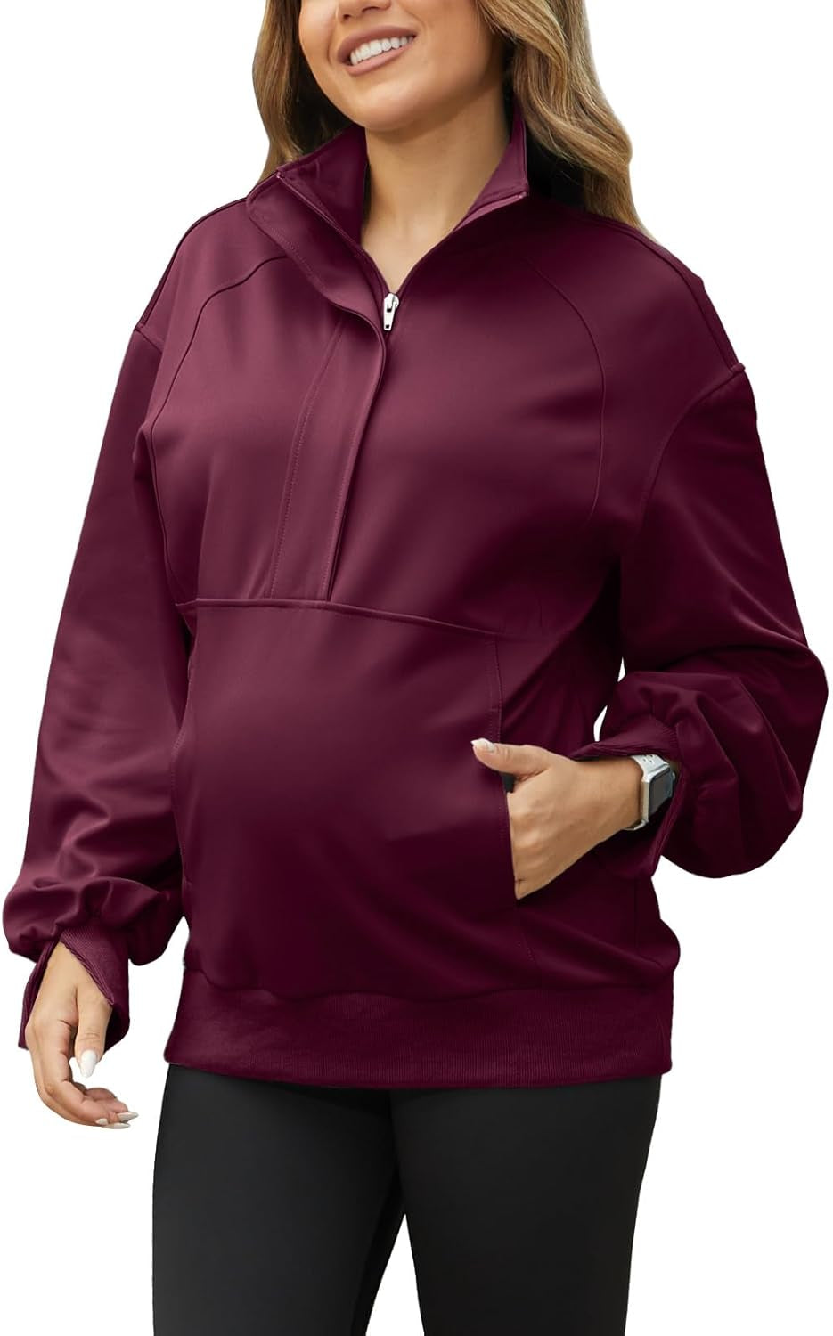 Bhome Maternity Sweatshirt Half Zip Pullover Lapel Shirt Long Sleeve Tunic with Pockets