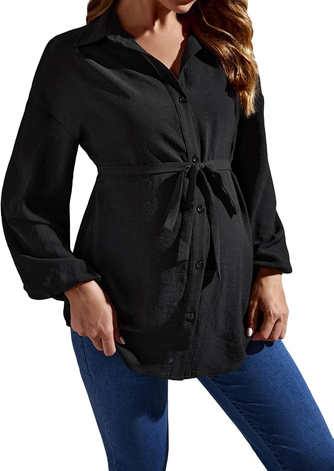 Makemechic Women'S Maternity Shirts Long Sleeve Belted Button down Casual Pregnancy Blouse Tops