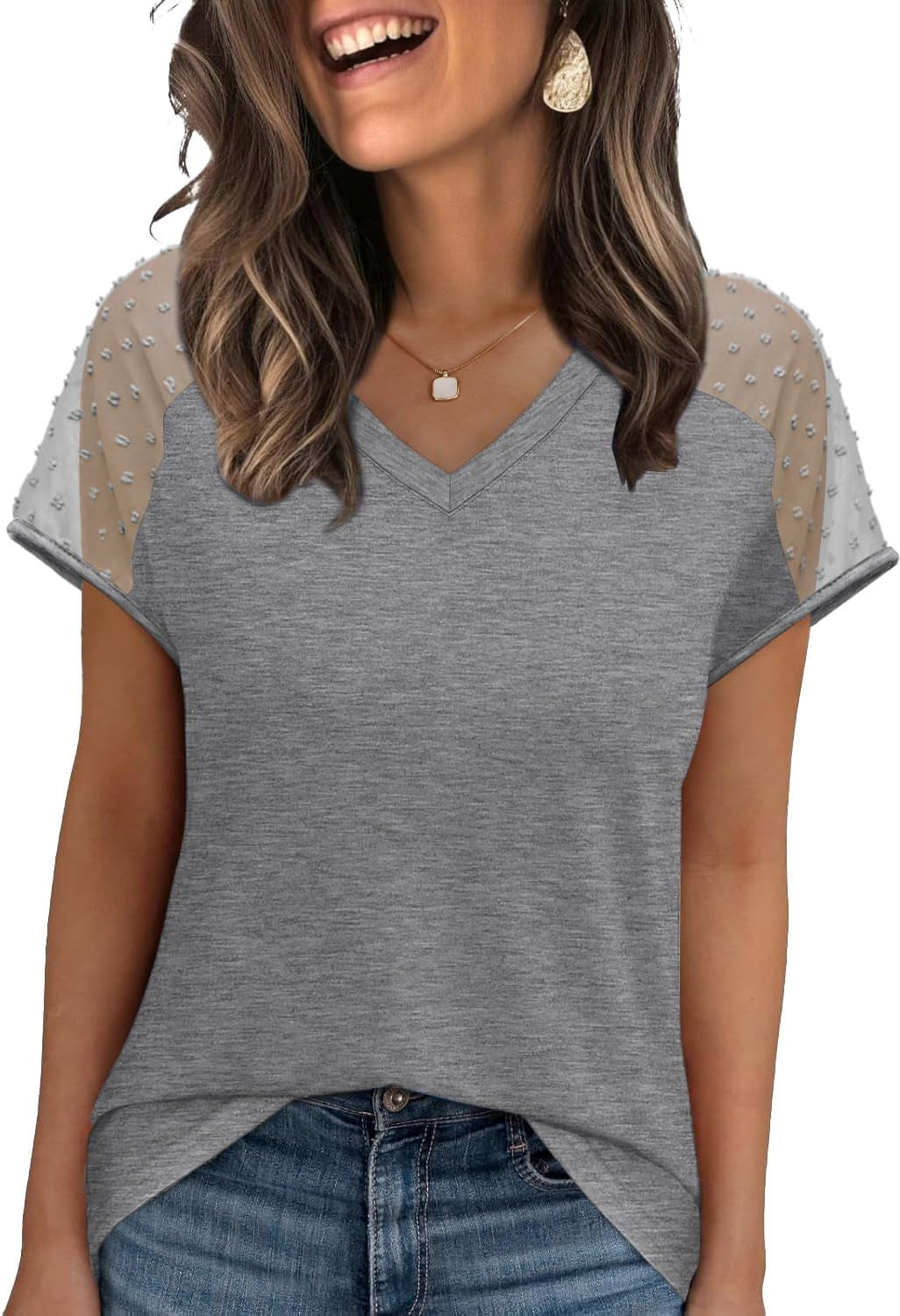 WIHOLL Summer Tops for Women V Neck T-Shirts Swiss Dot Short Sleeve Shirts Casual Fashion Blouses
