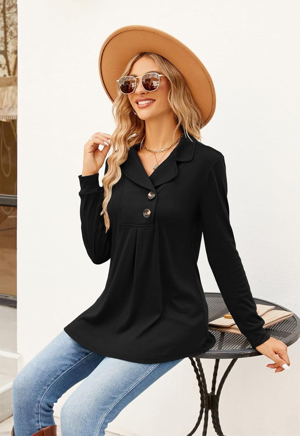 Newchoice Womens Long Sleeve Tunic Tops for Leggings Casual Notch Collared Button Sweatshirts Pullover Shirt Tops