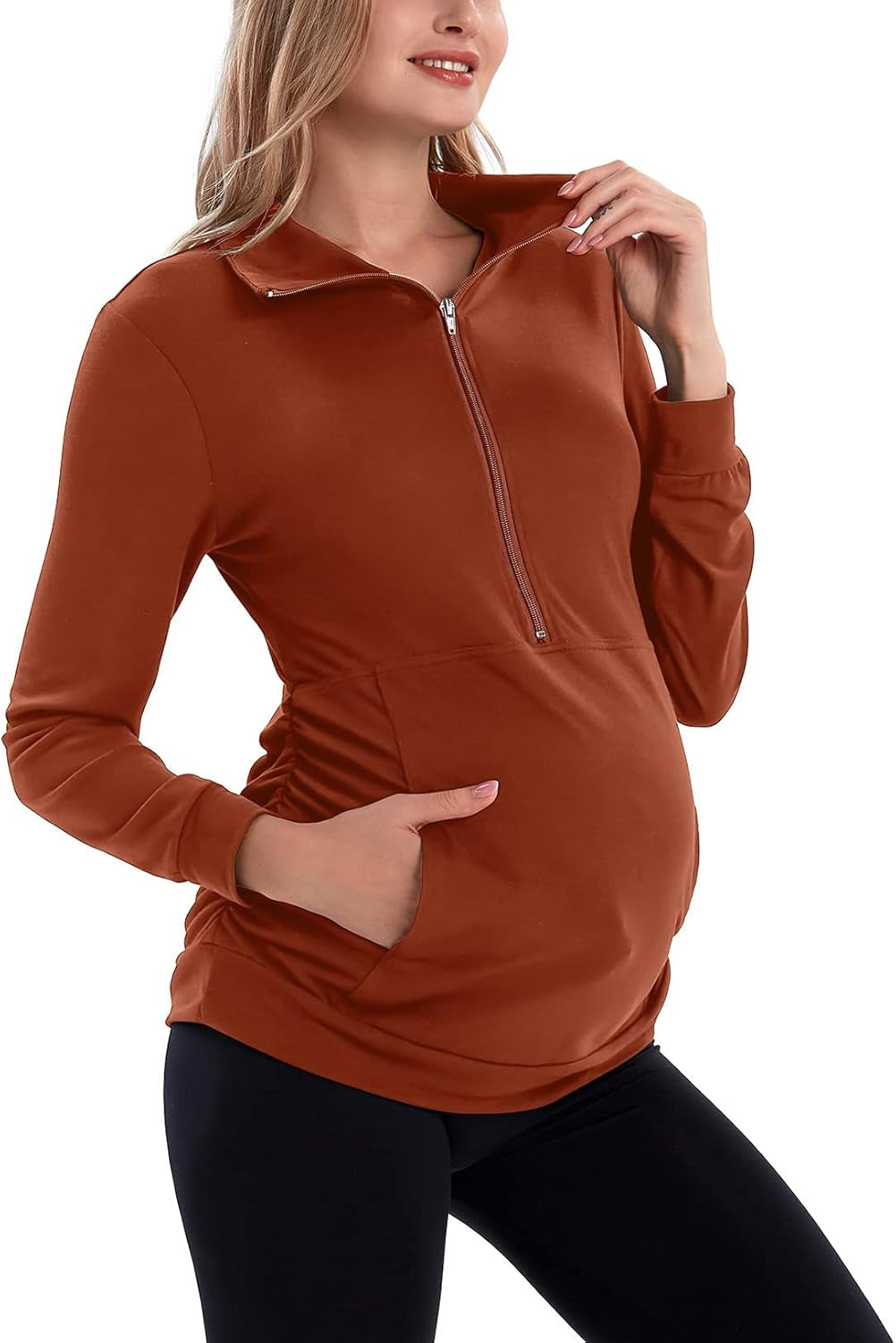 GINKANA Maternity Women'S Long Sleeve Shirt Half Zipper Lapel Lightweight Casual Maternity Pullover with Pockets