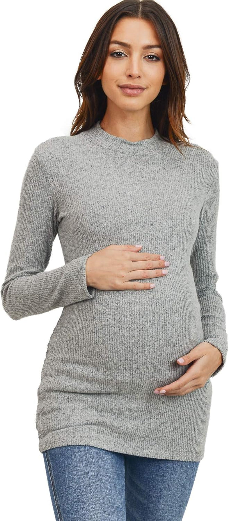 Women'S Knit Ribbed Maternity Top with Mock Neck Long Sleeve