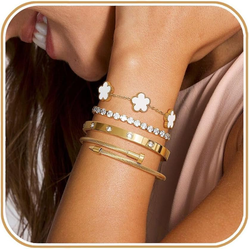 Gold Tone Clover Bracelets Set Love Bangles Bracelets for Women Non Tarnish, Stacking Bracelets Trendy Jewelry Gift for Women