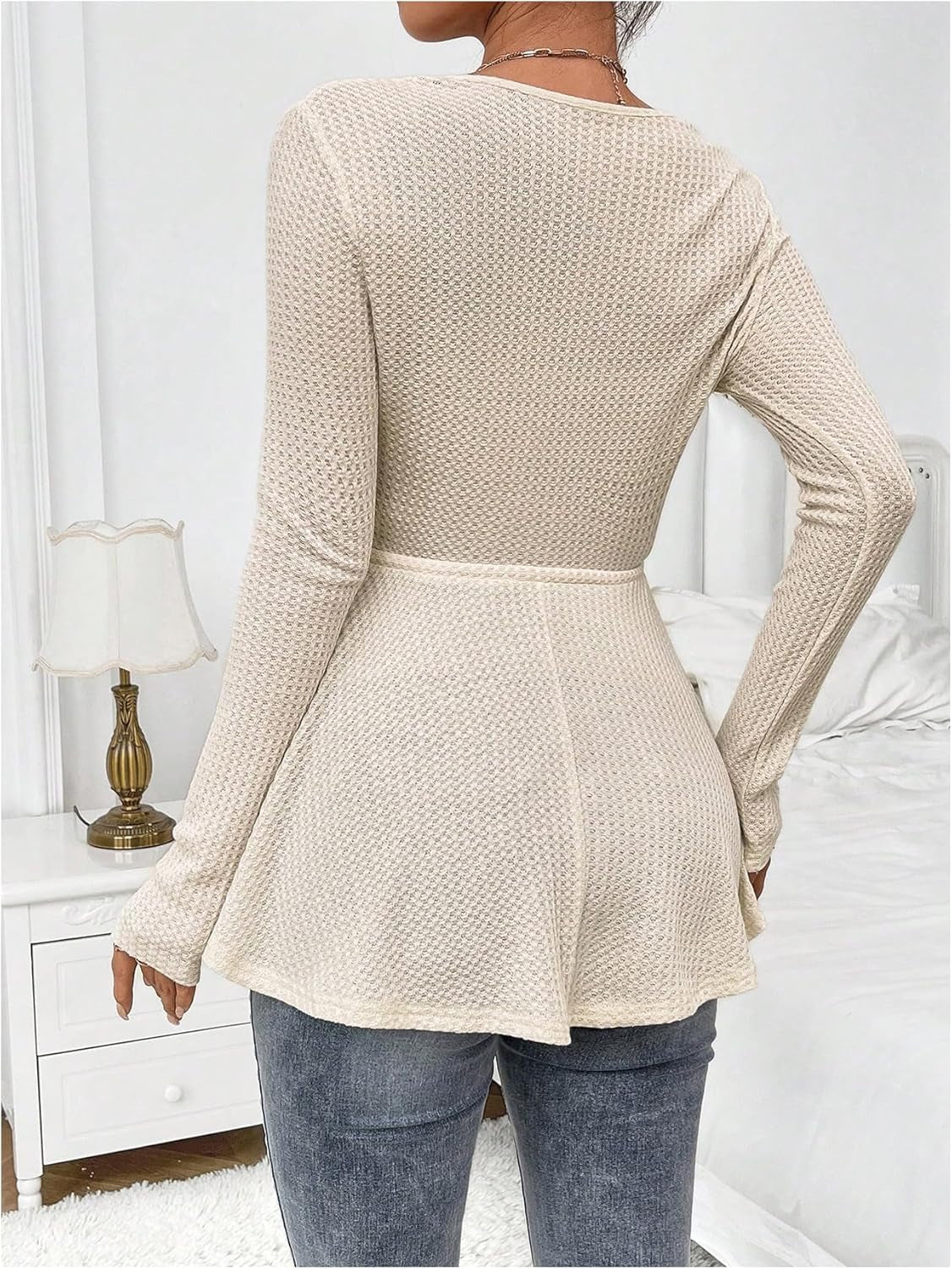 Women'S Waffle Knit Belted Maternity Tee Tops Ruffle Hem Long Sleeve V Neck Lace T Shirts