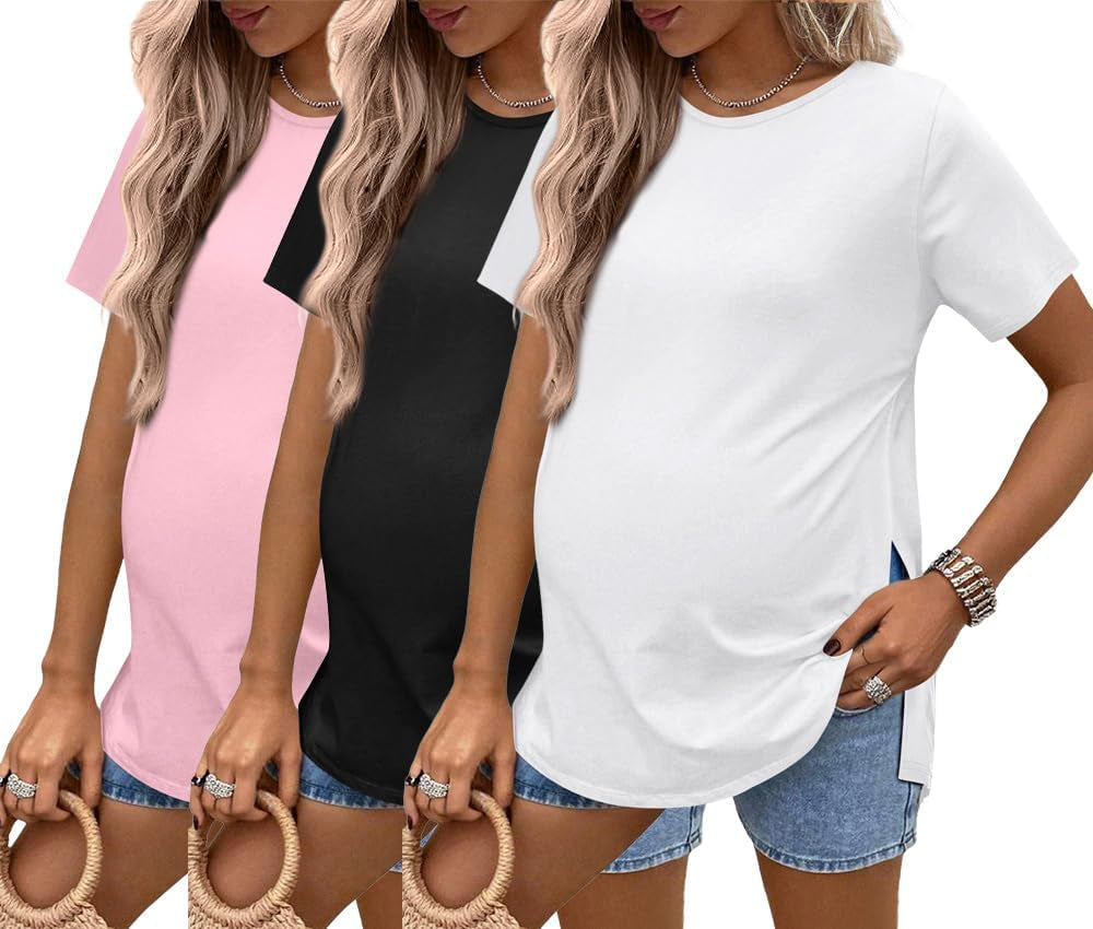 Ekouaer 3 Pack Maternity Shirts Short Sleeve Split Side Pregnancy Tops Casual Pregnant Tunic Blouse