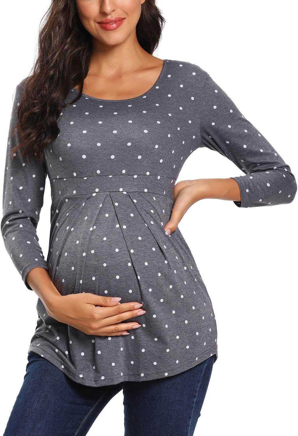 Glampunch Women'S Maternity Tops Short & 3/4 Sleeve round Neck Front Pleat Peplum Tunic Top Pregnancy Shirts